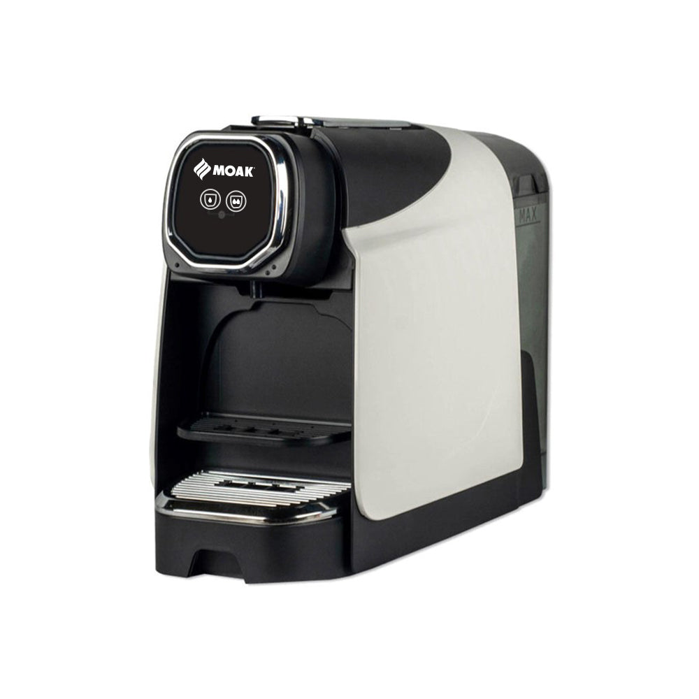 Máquina de café em cápsulas Moak Lario branca e preta, design compacto e elegante para preparo de cafés.