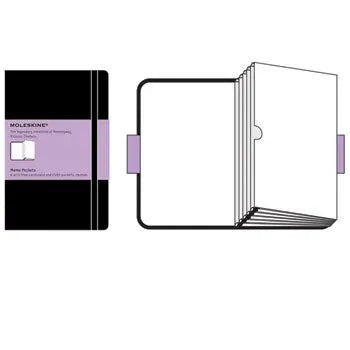 Portfólio de bolso Moleskine para notas e projetos, tamanho 13x21cm, com capa preta e elástico de fechamento.