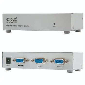 Splitter VGA 2 portas da Nanocable com alimentação, conexão estável e flexível para monitores e projetores.