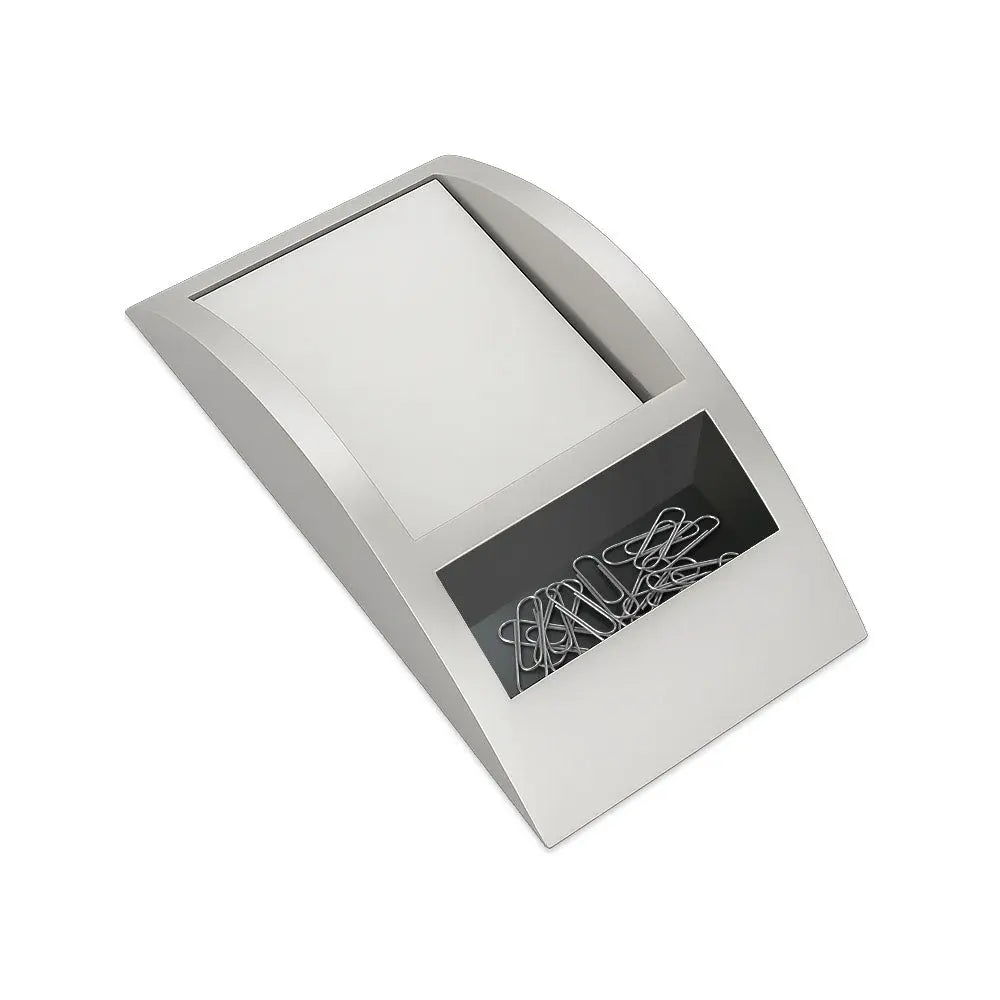 Suporte cinza para papel com bloco de notas e clips, organizador prático da marca Neutral, ideal para escritório.
