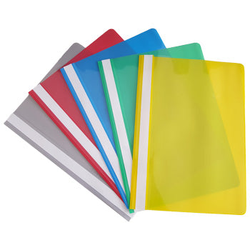 Conjunto de 5 classificadores de capas transparentes neutras, ideais para organização e proteção de documentos.
