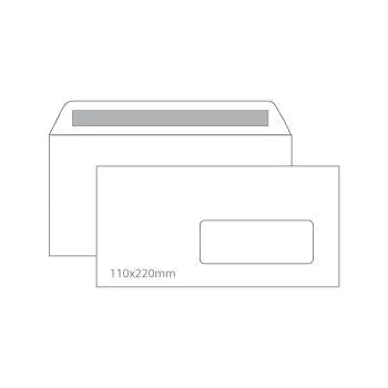 Conjunto de 500 envelopes DL 110x220mm brancos com janela, peso de 090g, marca Neutral, empilhados em uma mesa.