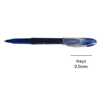 Esferográfica Roller Point Azul Neutral, 0,5mm, caneta de escrita precisa, vista frontal da escrita e corpo da caneta.
