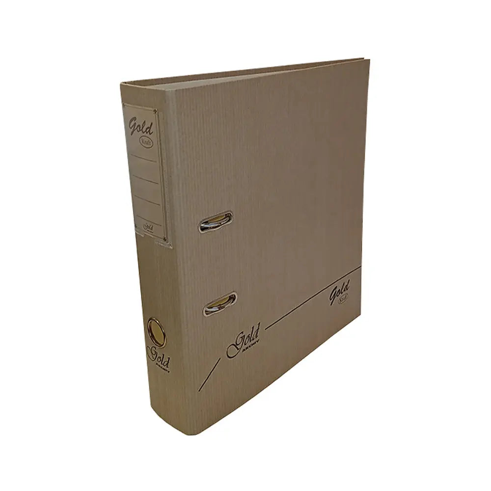 Pasta arquivo Kraft Ouro Neutral com dano, tamanho 320x290x80mm, usada para organização de documentos no escritório.