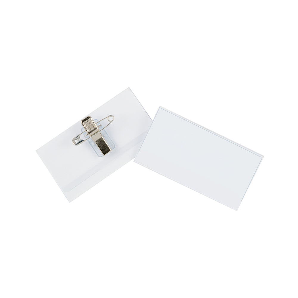 Conjunto de 50 porta-nomes horizontais Neutral de 90x56mm com mola e alfinete, para identificação prática.