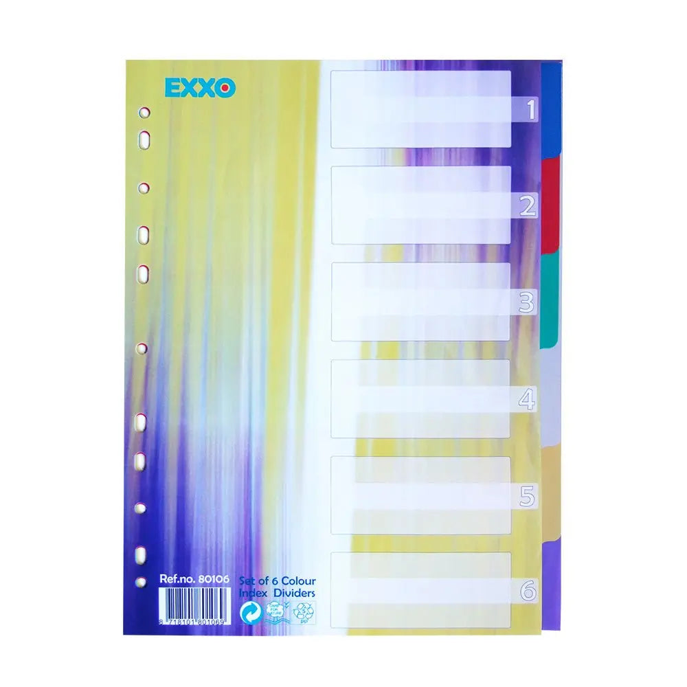 Separadores A4 de plástico coloridos da Neutral, pack com 6 unidades, para organização de documentos e papelaria.