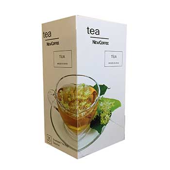 Chá Tília Tisana em bolsas da marca NewCoffee, pacote com 25 unidades, ideal para relaxamento e infusões.