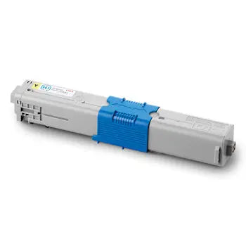 Toner amarelo Oki original 44469722 para impressora, alta capacidade de 5000 páginas, mostrada em embalagem.
