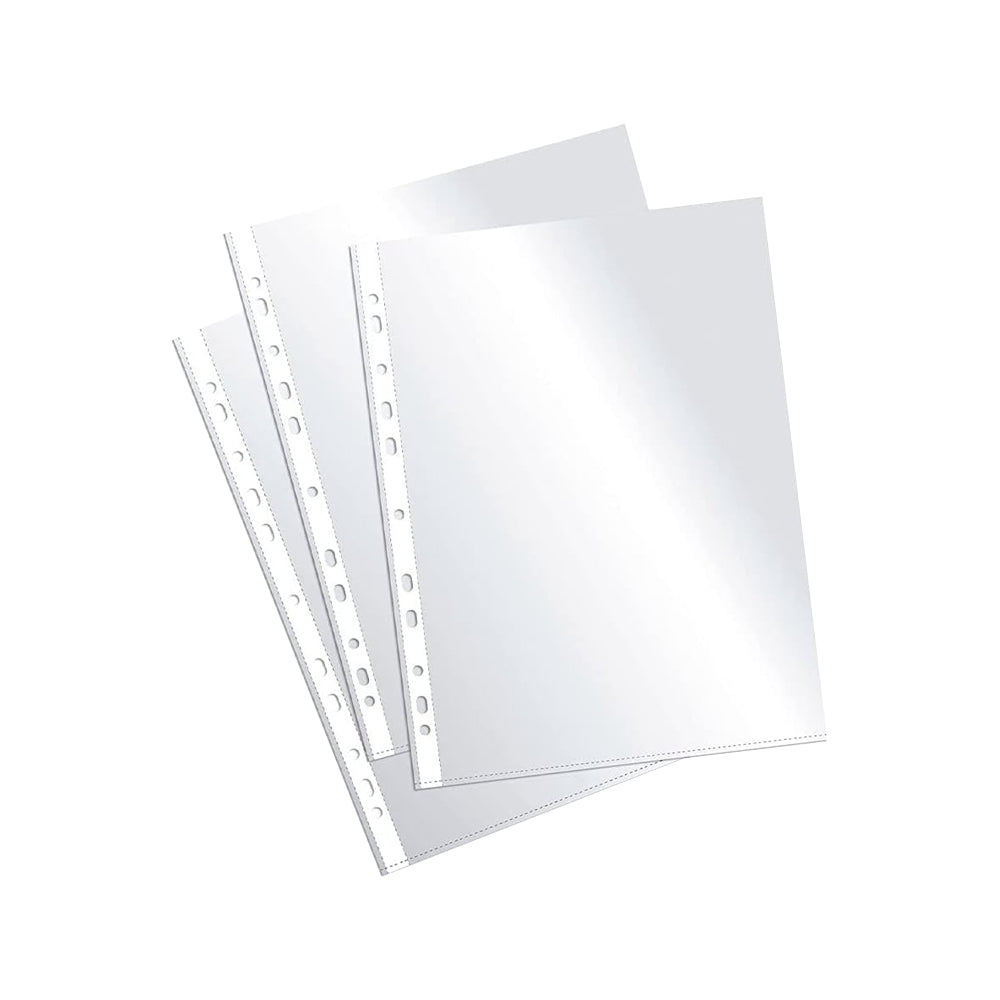 Pacotes de 50 bolsas A4 040mic de plástico transparente para proteção de documentos, perfeito para armazenamento e organização.