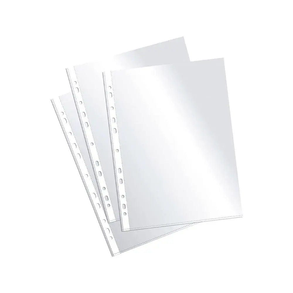 Conjunto de 100 bolsas catálogo A4 com 100 microns, feitas de plástico transparente, ideal para proteção de documentos.