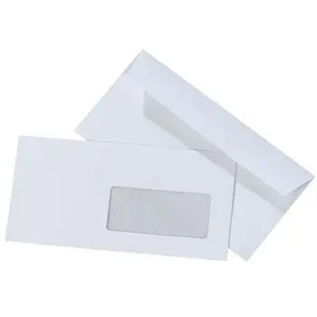 Conjunto de 500 envelopes DL 110x220mm brancos com janela, peso de 90g, adequado para correspondências e envios comerciais.