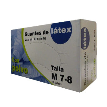 Luvas de látex com pó tamanho M, pacote com 100 unidades, produto de marca genérica, mostrando as luvas empilhadas e abertas.