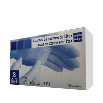 Luvas de látex com pó tamanho P, pacote com 100 unidades, uso médico ou industrial, produto de marca genérica.