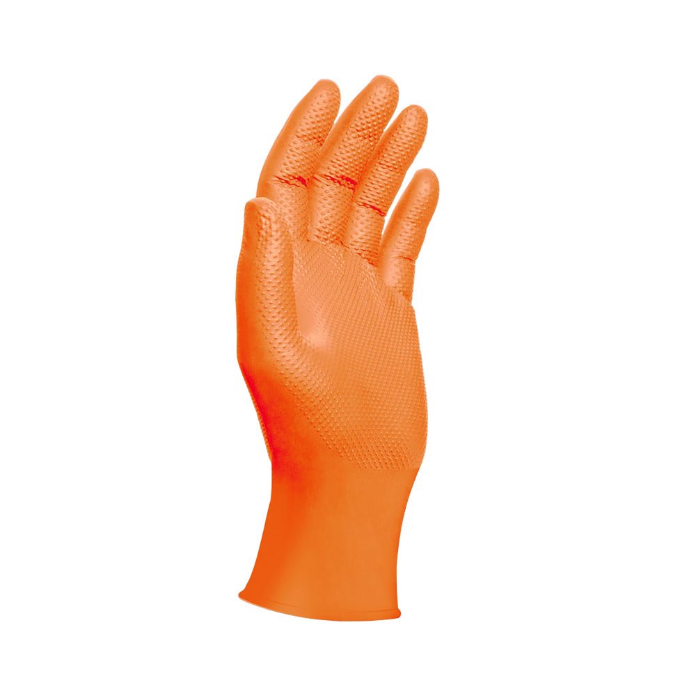 Luvas de nitrilo laranja sem pó tamanho XL, pacote com 100 unidades, material resistente para proteção das mãos.