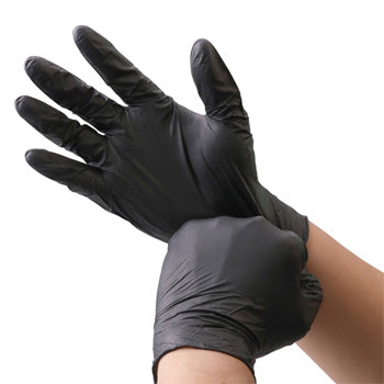 Luvas de nitrilo pretas tamanho L sem pó, pacote com 100 unidades, material resistente e confortável para uso profissional.