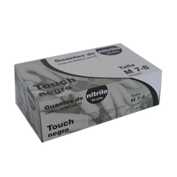 Luvas de nitrilo pretas tamanho M sem pó, pacote com 100 unidades, ideal para proteção e higiene.