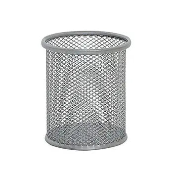 Porta lápis redondo prata em rede, ideal para organização de escrita, feito por marca Outros, com acabamento em metal prateado.