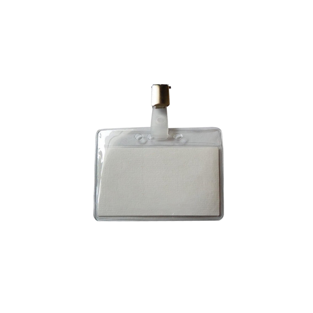 Conjunto de 5 porta-nomes horizontais 60x90mm com mola, em plástico resistente, para identificação de nomes e etiquetas.