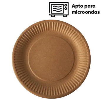 Pratos de papel Kraft redondos de 17cm, kit com 10 unidades, ideais para eventos e festas.