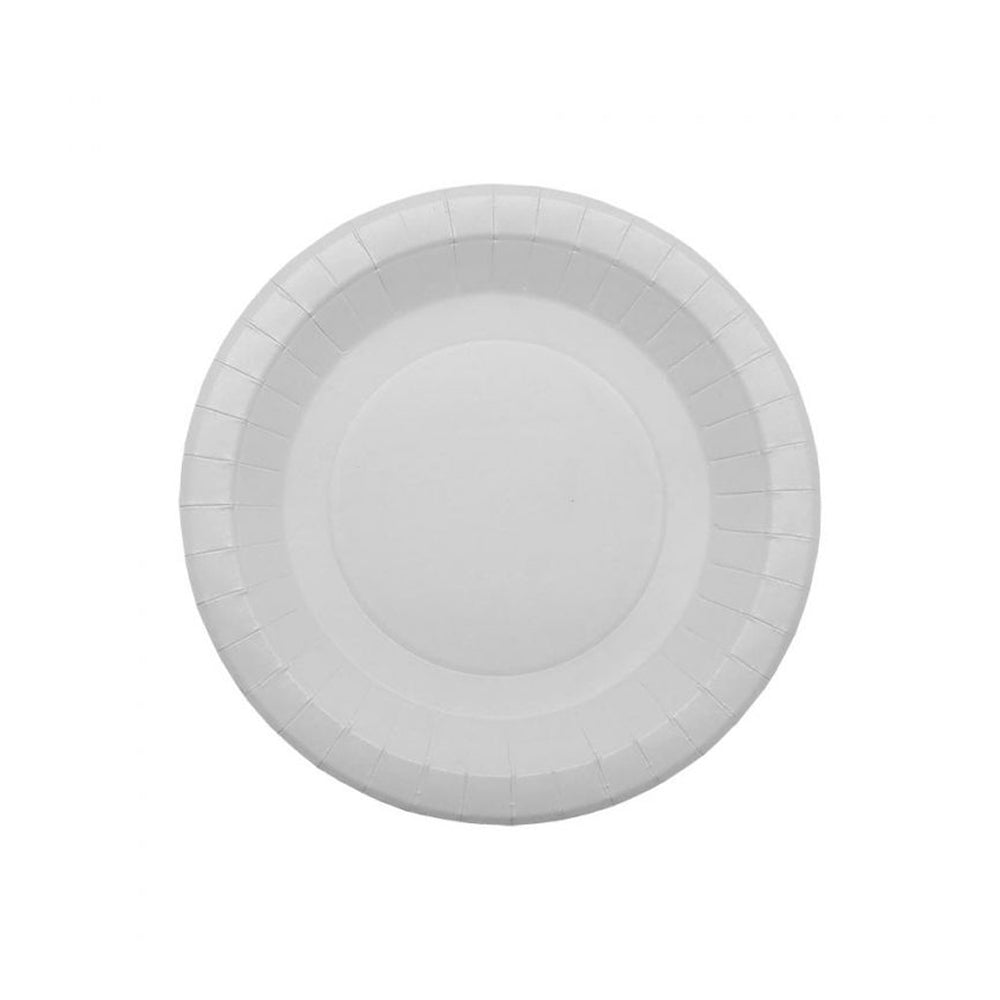 Pratos redondos de papel de 18cm em pack com 50 unidades, ideais para festas e eventos.