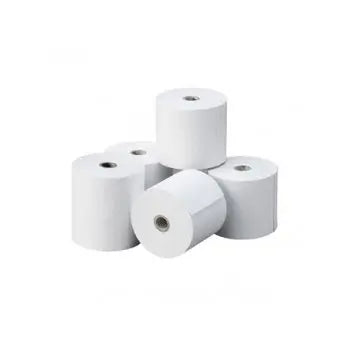 Rolo de papel branco 155x120x25mm, ideal para impressoras, com embalagem de papelaria e impressora.