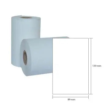 Rolo de Papel Térmico 089x139mm de 58g, produto da marca Outros, visível em uma imagem com detalhes do papel térmico.