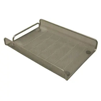 Tabuleiro para secretária em rede prata, organizacional e elegante, com acabamento metálico em superfície brilhante.