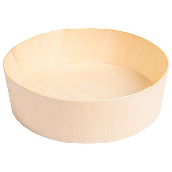 Conjunto de 25 taças de madeira natural, com 15,5 cm de diâmetro e 4,5 cm de altura, ideal para servir alimentos ou bebidas.