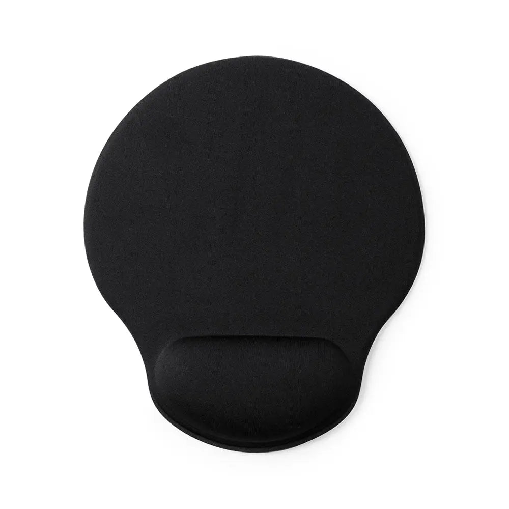 Tapete para rato preto com apoio de pulso, ideal para conforto e ergonomia durante uso de computador.