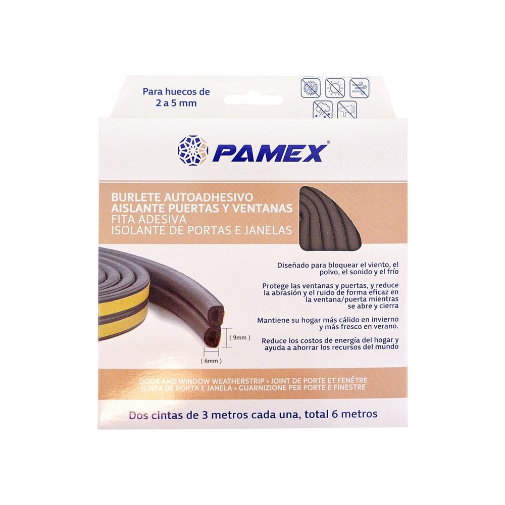 Fita adesiva dupla face Pamex para vedar portas e janelas, 6mm x 3m, duas unidades, fácil de aplicar e resistente.