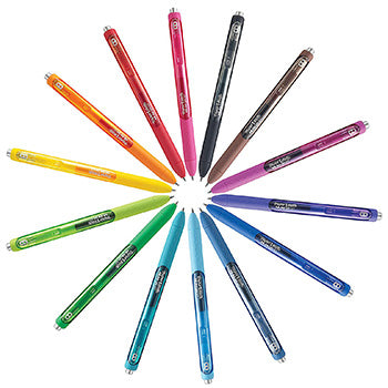 Caneta gel InkJoy retrátil da Paper Mate com ponta de 0,7mm em 14 cores diferentes, exibida em conjunto.