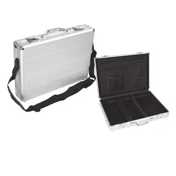 Mala para notebook em alumínio Perel, tamanho 425x305x80mm, com alça e proteção reforçada para mobilidade e segurança.
