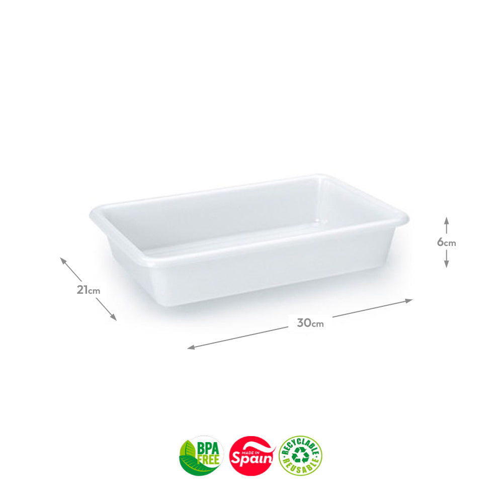 Tabuleiro de hotelaria Primeira Linha PF, 30x21x6cm, branco, resistente, ideal para apresentação de alimentos.