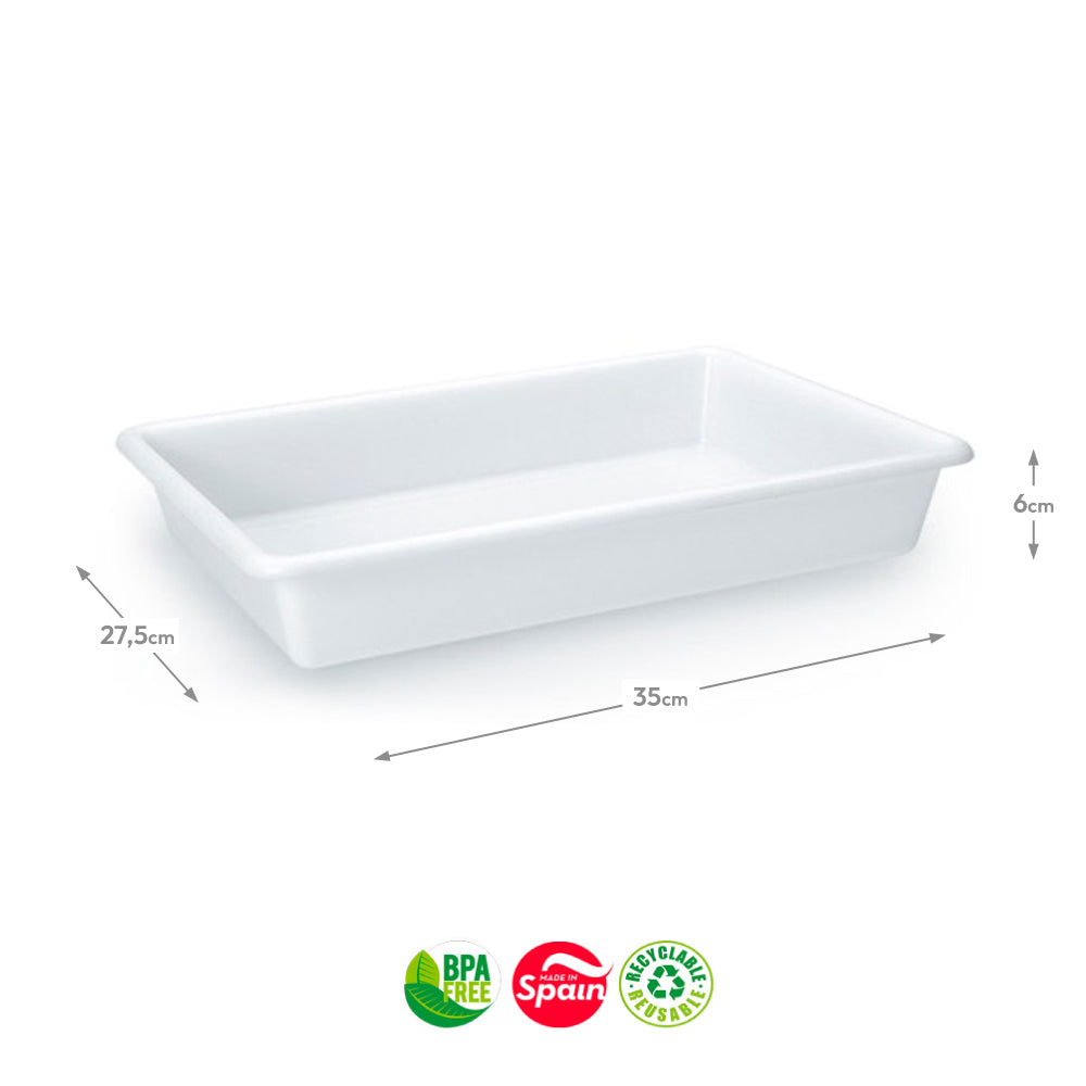 Tabuleiro de hotelaria branco PF de 35x27,5 cm e 4L, ideal para serviços de alimentação, com acabamento resistente e espaço amplo.