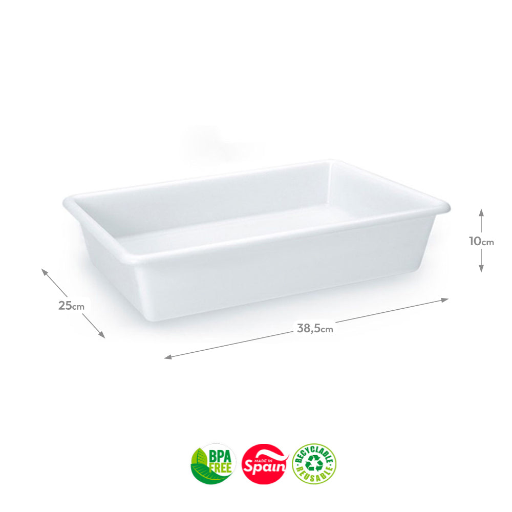 Tabuleiro de hotelaria branco PF, 38,5x25x10cm, capacidade para 6L, feito para uso em hotéis e eventos.