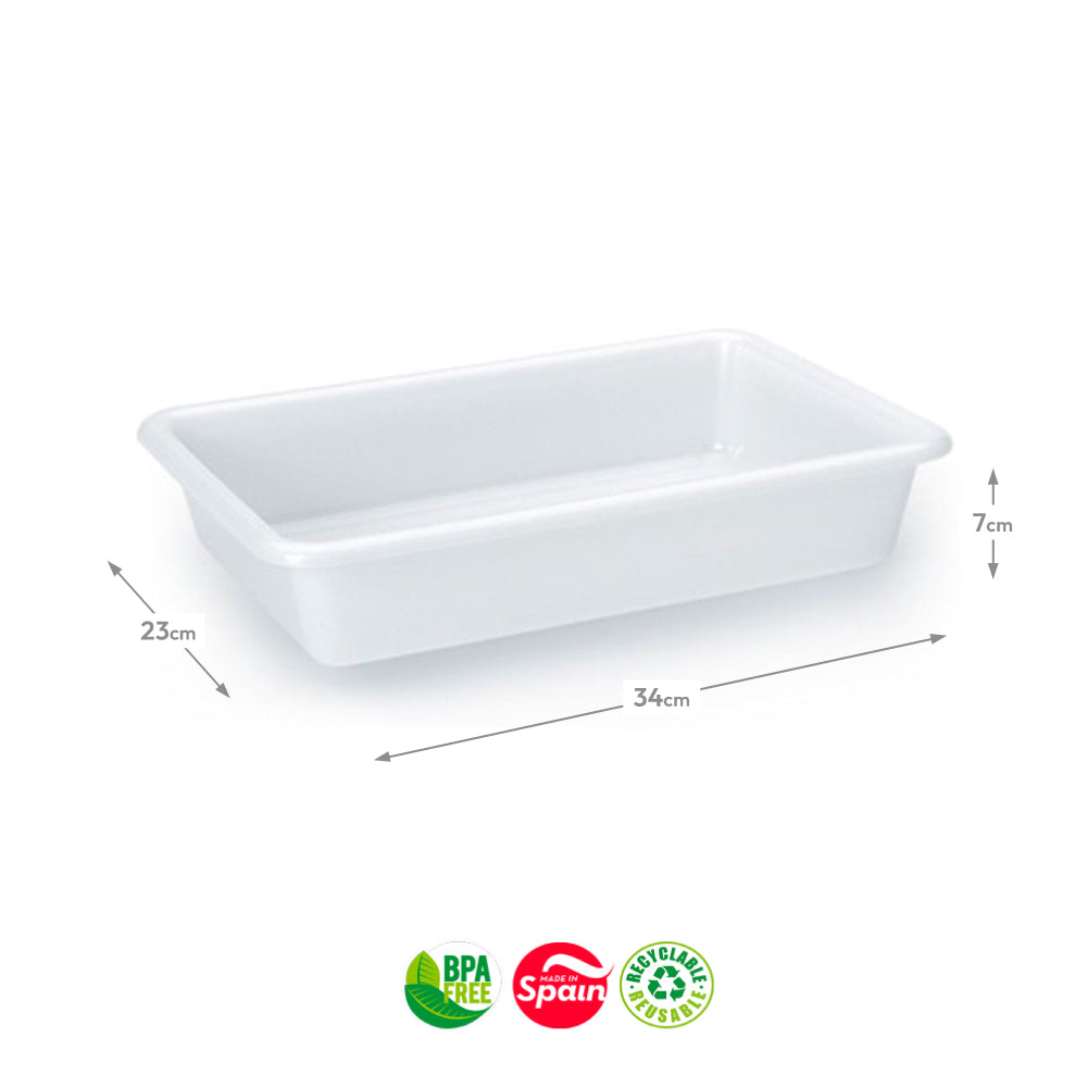 Tabuleiro de hotelaria branco da PF, 34x23x7cm, com capacidade de 3,6L, usado para servir alimentos e bebidas.