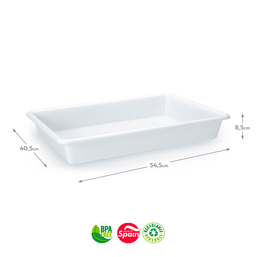 Tabuleiro de hotelaria branco PF, 40,5x54,5x8,5cm, com capacidade de 13L, ideal para servir alimentos em ambientes profissionais.
