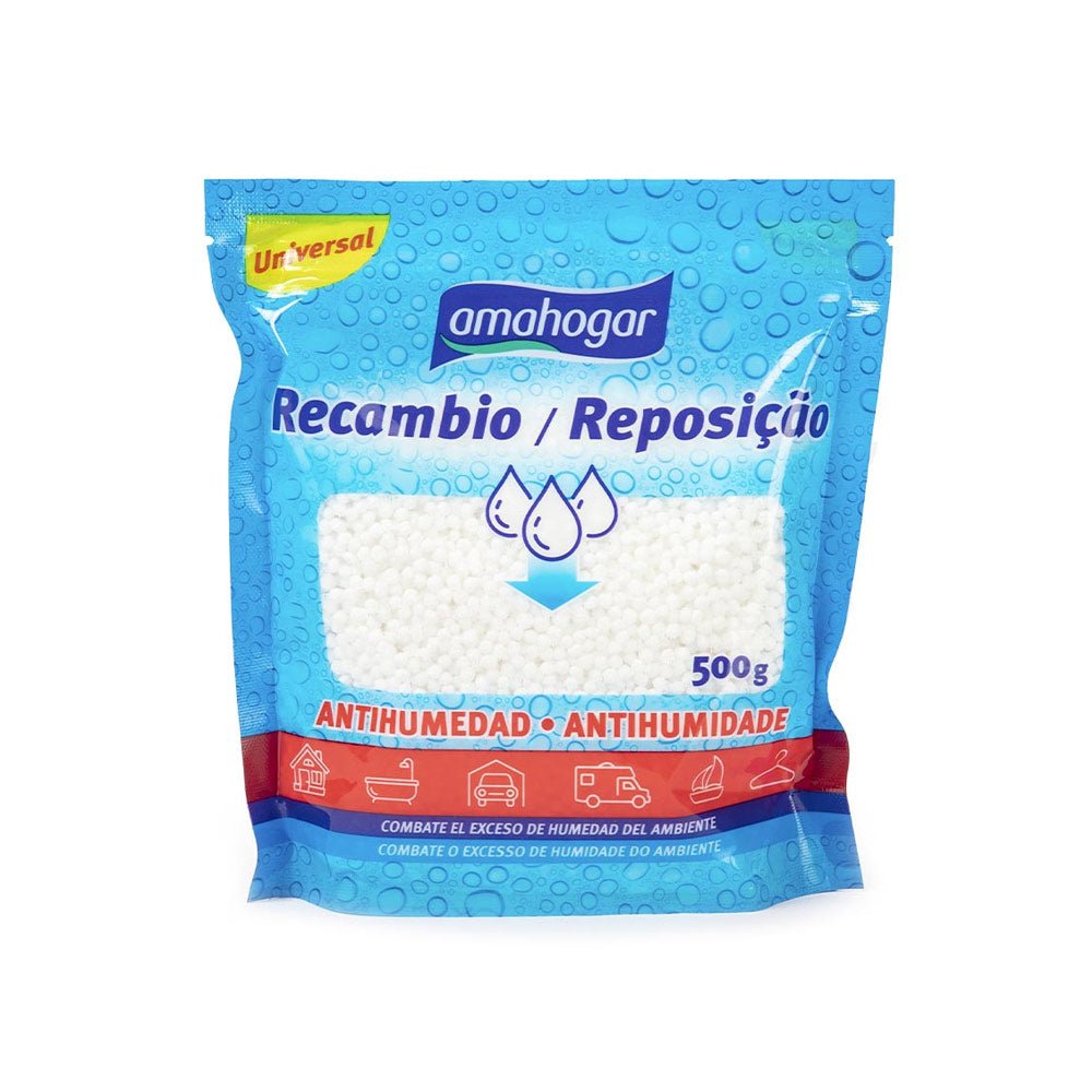 Recarga de 500g para desumidificador PF, anti-mofo e controle de umidade, mostrada na embalagem do produto.