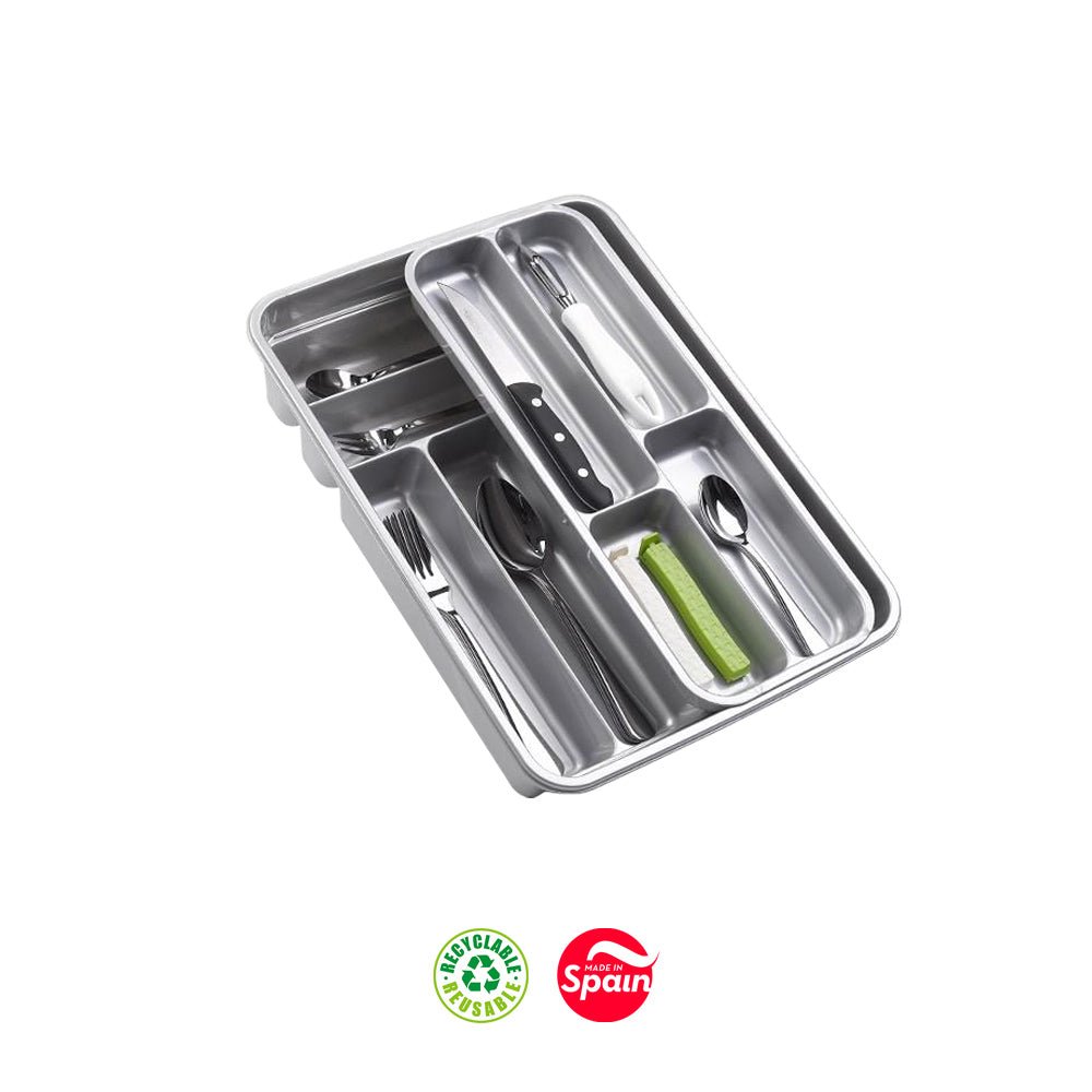 Conjunto de dois tabuleiros de talheres prateados da PF, organizadores de mesa Elegant para utensílios de cozinha.