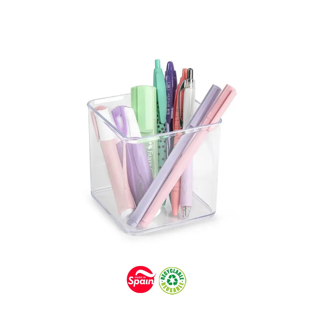 Porta lápis transparente quadrado PF Nº2, organizador escolar para canetas e lápis, com design compacto e prático.