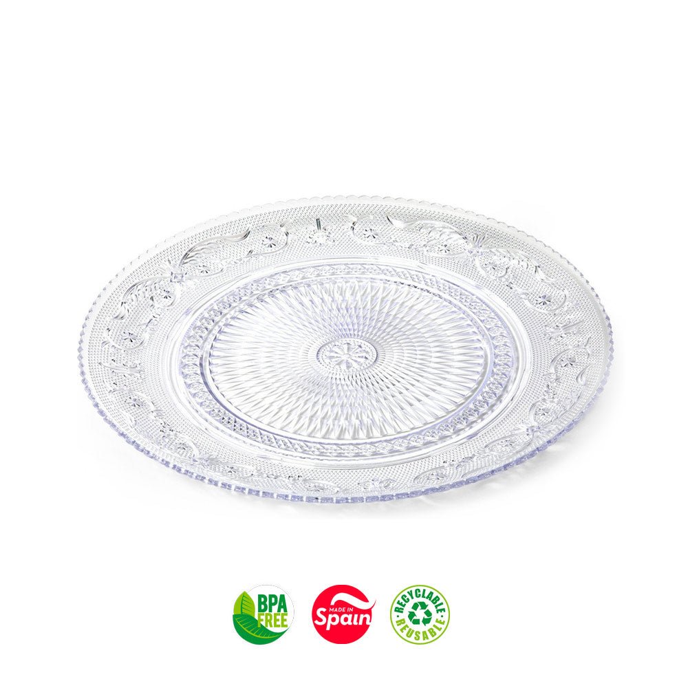 Prato de plástico reutilizável de 18cm transparente e cristal, feito pela marca PF, ideal para refeições e eventos.