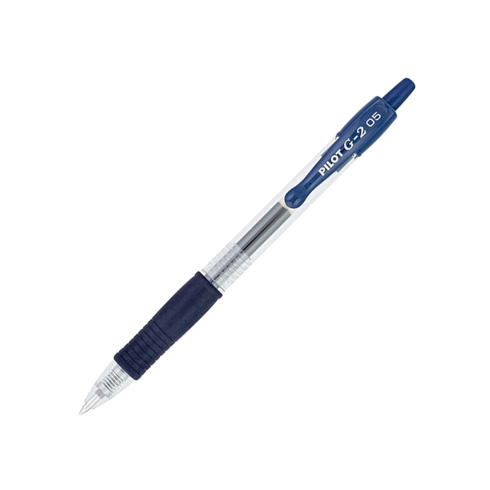 Esferográfica gel Pilot G-2 azul 0,5mm retrátil, caneta de escrita suave e confortável, vista frontal da unidade.