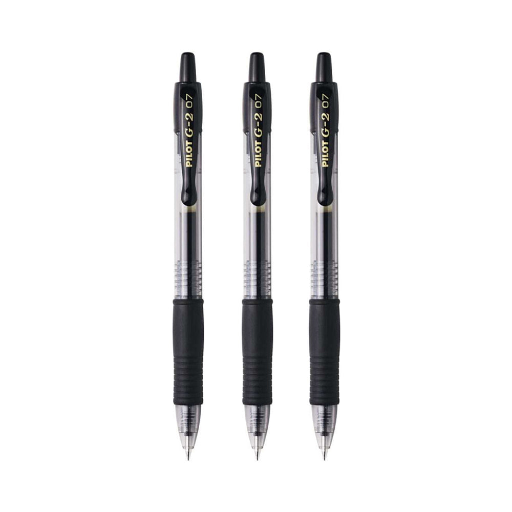 Esferográfica gel Pilot G-2 preta 0,7mm, conjunto com 3 unidades, escrita suave e fluida, ideal para anotações e desenhos.