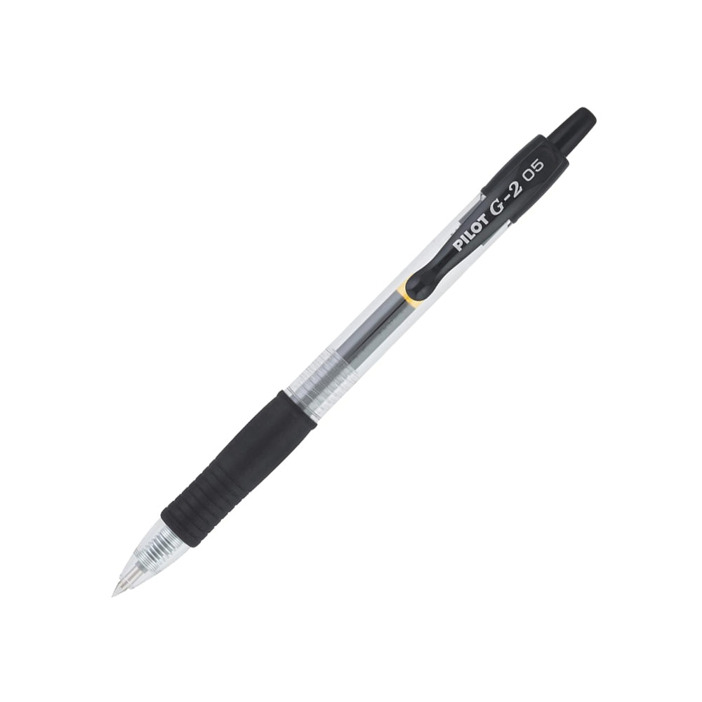 Esferográfica gel Pilot G-2 retrátil de 0,5mm na cor preta, exibida em close, destaque para o corpo e a ponta da caneta.