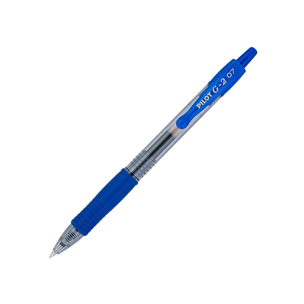 Caneta gel Pilot G-2 azul 0,7mm retrátil, esferográfica de escrita suave, mostrada em imagem com uma unidade.