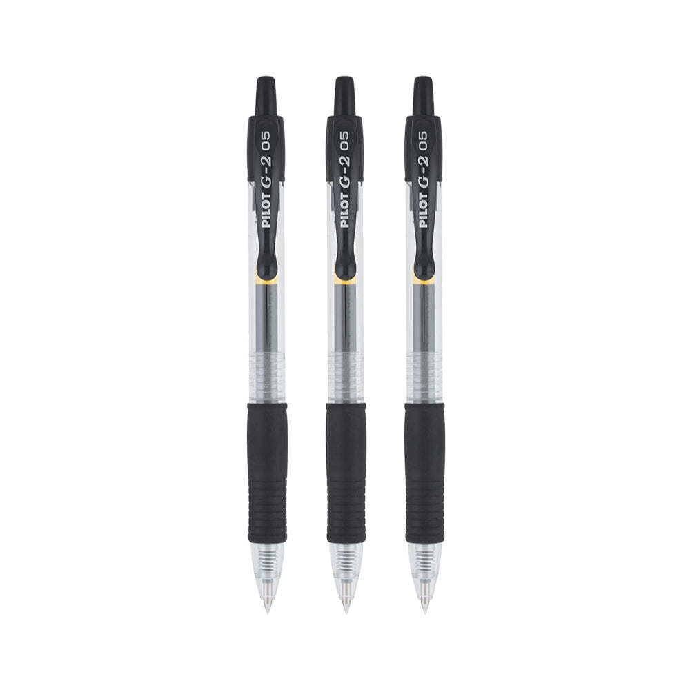 Conjunto de 3 esferográficas gel Pilot G-2 retráteis pretas com ponta de 0,5mm, exibindo as canetas coloridas e detalhes da embalagem