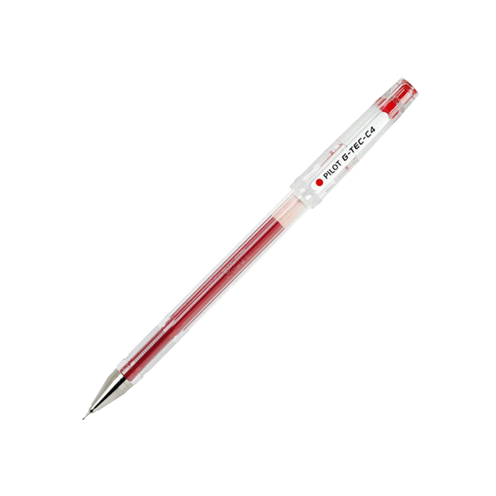 Esferográfica gel vermelha Pilot G-TEC-C4 0,4mm, caneta de escrita suave e precisa, destaque na imagem com corpo compacto e ponta fina.