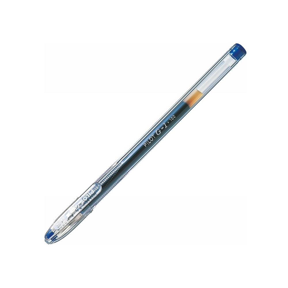 Caneta esferográfica gel Pilot G1 F azul com ponta de 0,5mm, mostrando a escrita e o corpo da caneta de alta precisão