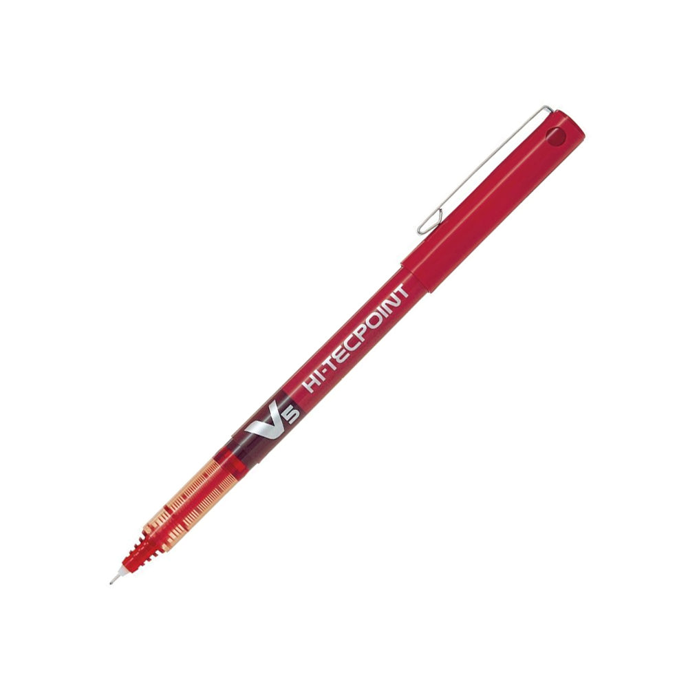 Marcador Roller Pilot V5 0,5mm vermelho, caneta de escrita fina e precisa, sobre fundo branco, destaque para ponta e corpo do marcador.