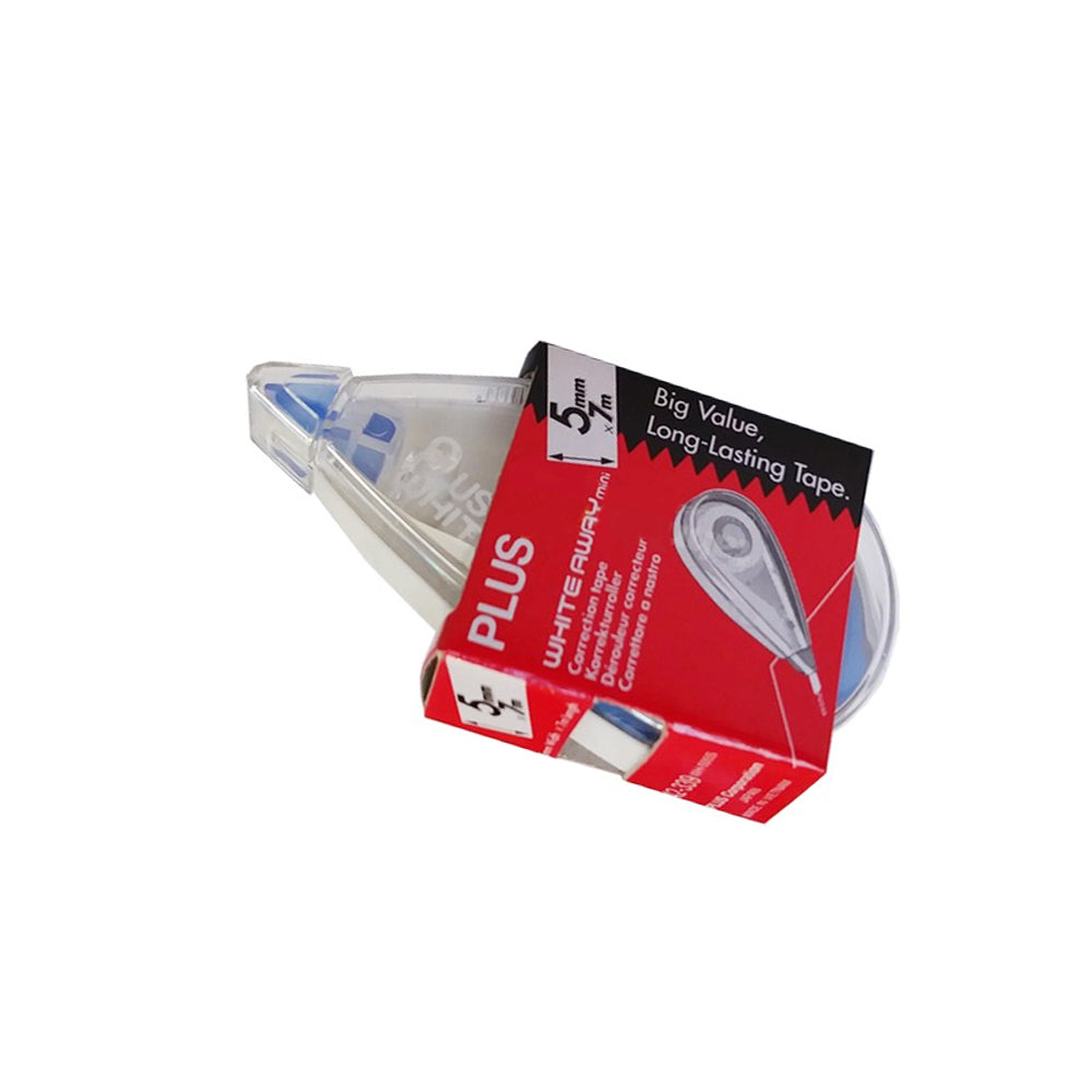 Corretor fita Plus de 5mm x 7m, ideal para correções práticas em documentos, com fita branca e fácil de usar.